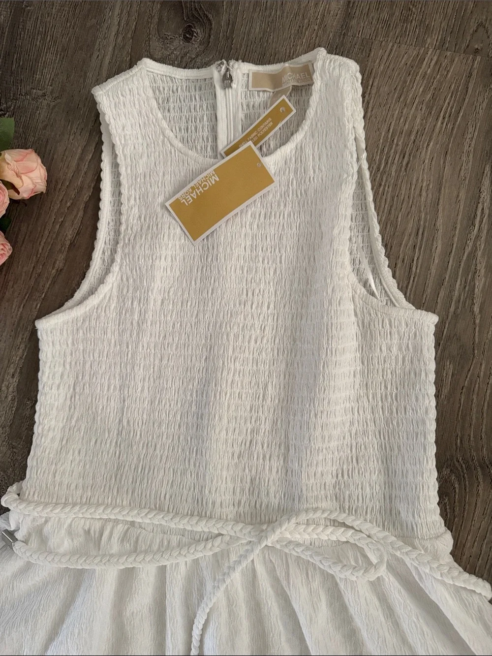 Michael Kors Sport Summer White Sleeveless Textured Maxi Dress with Tie Waist